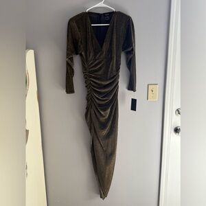 Alexa B Womens Gold Mesh Ruched Asymmetrical Maxi V Neck New Dress 4 Glam Party